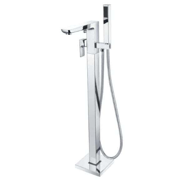 Sleek modern freestanding bathroom mixer tap with handheld shower, chrome finish, perfect for luxurious wet rooms and baths.