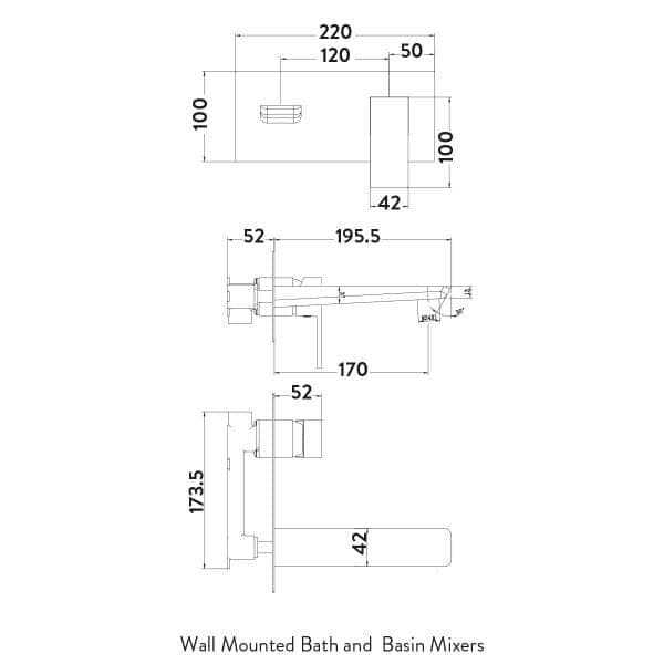 Wall-mounted bathroom mixer tap technical drawing with precise measurements, showcasing sleek design and installation details for modern bathroom renovations.