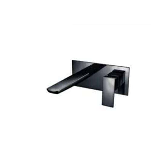 Sleek black wall-mounted bathroom tap with modern design, suitable for minimalist bathroom decor and high-quality fixtures.