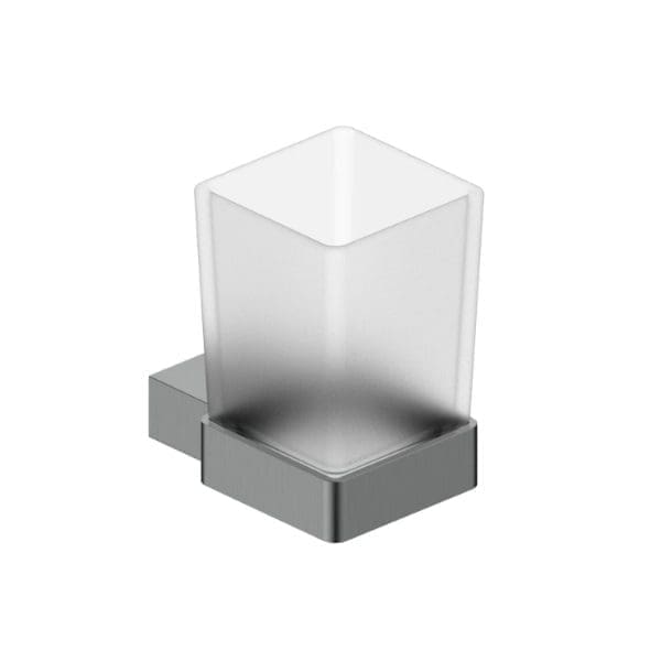 Clear glass toothbrush holder with chrome mounting for modern bathroom decor. Durable, stylish, and easy to clean, perfect for keeping toothbrushes organised and hygienic.