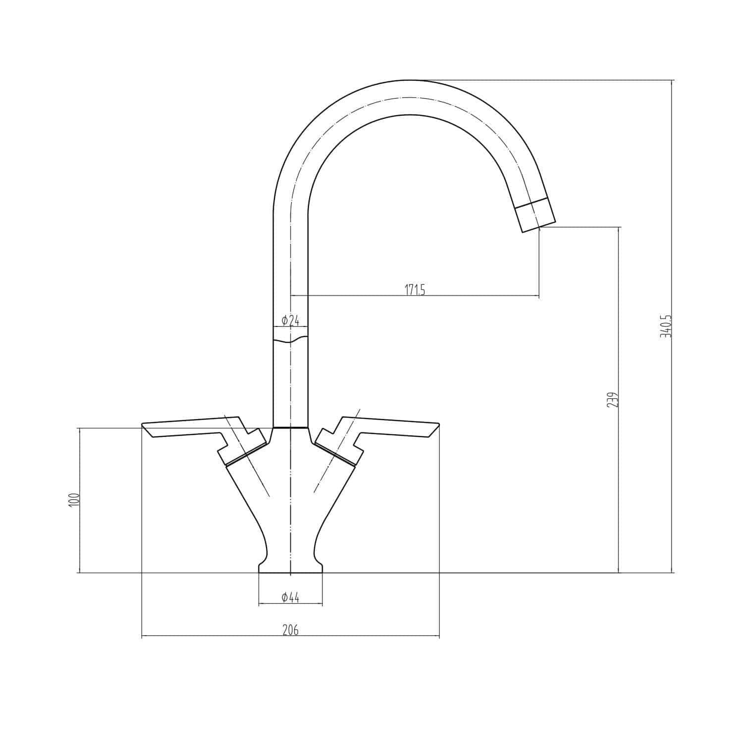 Sleek modern kitchen tap with high arc design, measurements, and technical drawing for bathroom or kitchen renovations, showcasing stylish fixture options for contemporary bathrooms.