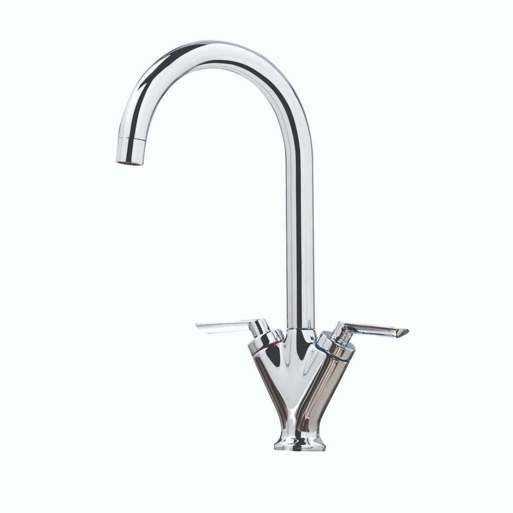 Sleek modern kitchen sink faucet with a polished chrome finish, ergonomic design, and integrated handles, ideal for contemporary bathrooms and kitchens.
