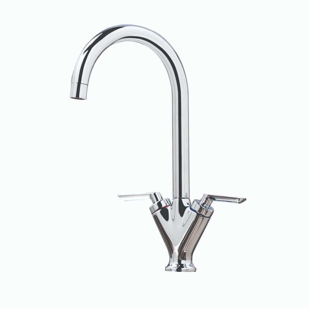 Sleek modern kitchen sink faucet with a polished chrome finish, ergonomic design, and integrated handles, ideal for contemporary bathrooms and kitchens.
