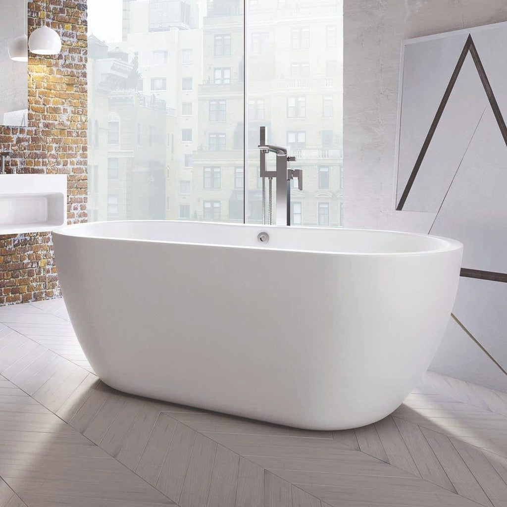 Elegant freestanding white bathtub in modern bathroom with large city windows and stylish design elements. Ideal for contemporary bathroom renovations.