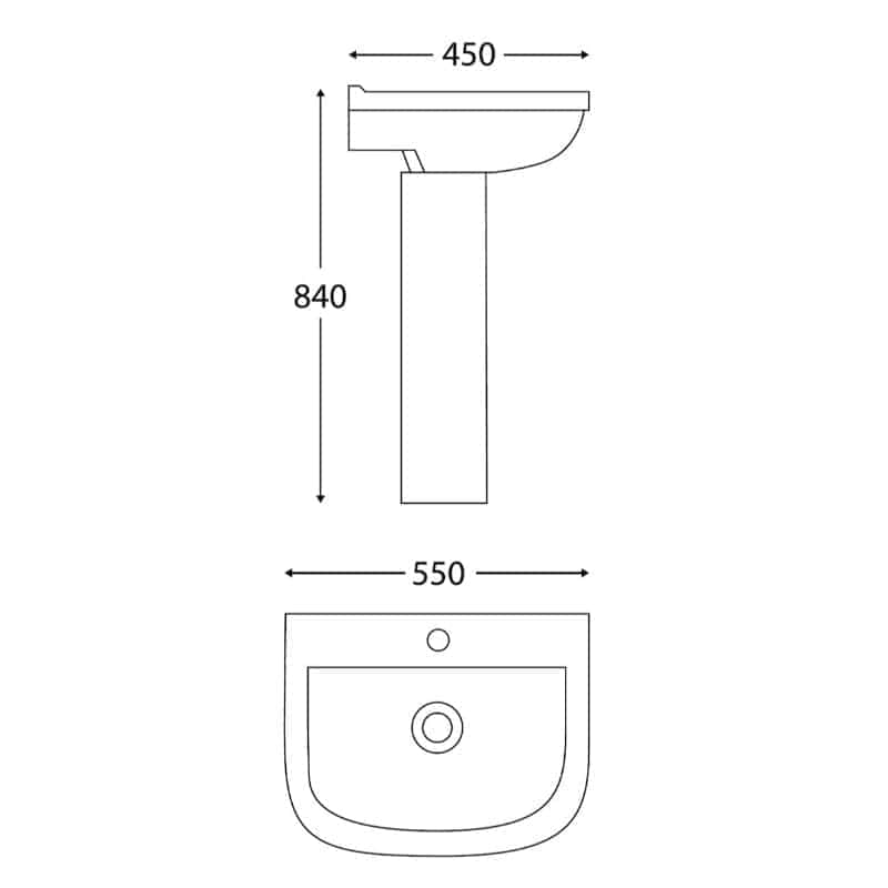 Slim bathroom sink with pedestal, front and side view, 550mm wide and 840mm high, ideal for modern bathroom design and space-saving installations.