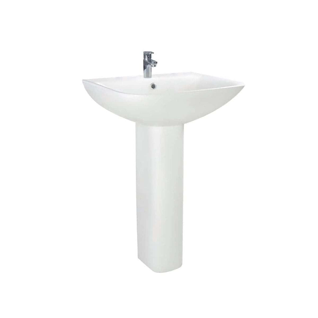 Sleek white pedestal bathroom sink with chrome faucet, ideal for modern bathrooms, offering stylish design and functionality. Perfect for washbasins and bathroom fixtures.