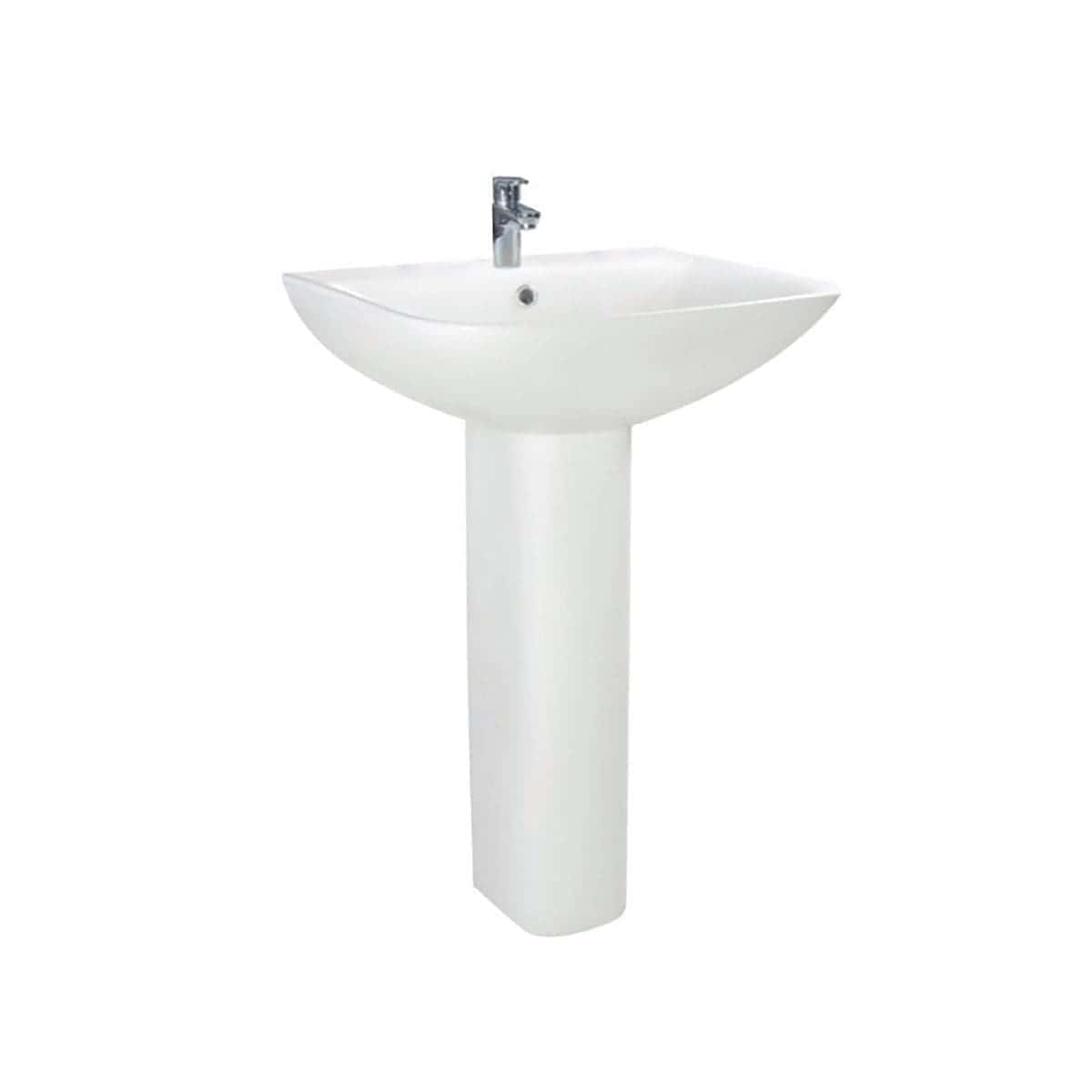 Sleek white pedestal bathroom sink with chrome faucet, ideal for modern bathrooms, offering stylish design and functionality. Perfect for washbasins and bathroom fixtures.