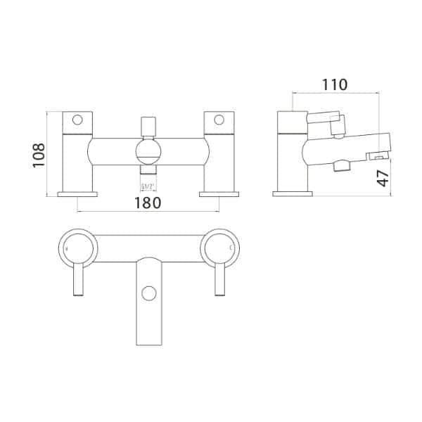 Brass bathroom tap with detailed technical drawing, including dimensions and side view, suitable for bathroom renovation or installation projects.