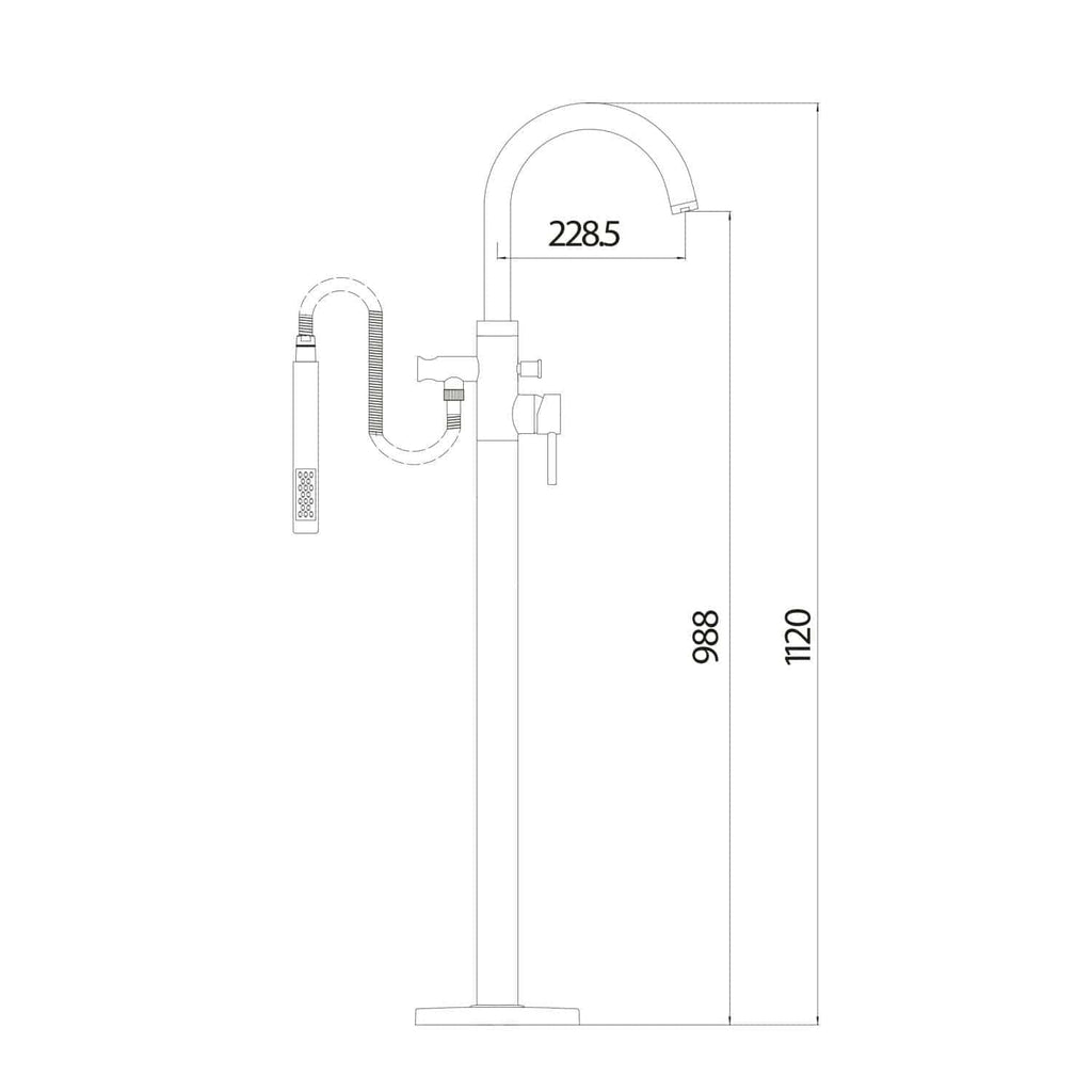 Schematic drawing of a freestanding kitchen tap with gadget attachments, showing dimensions and design features for bathroom installation.