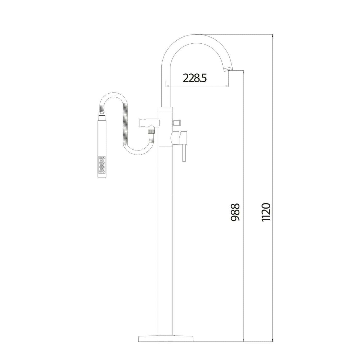 Schematic drawing of a freestanding kitchen tap with gadget attachments, showing dimensions and design features for bathroom installation.