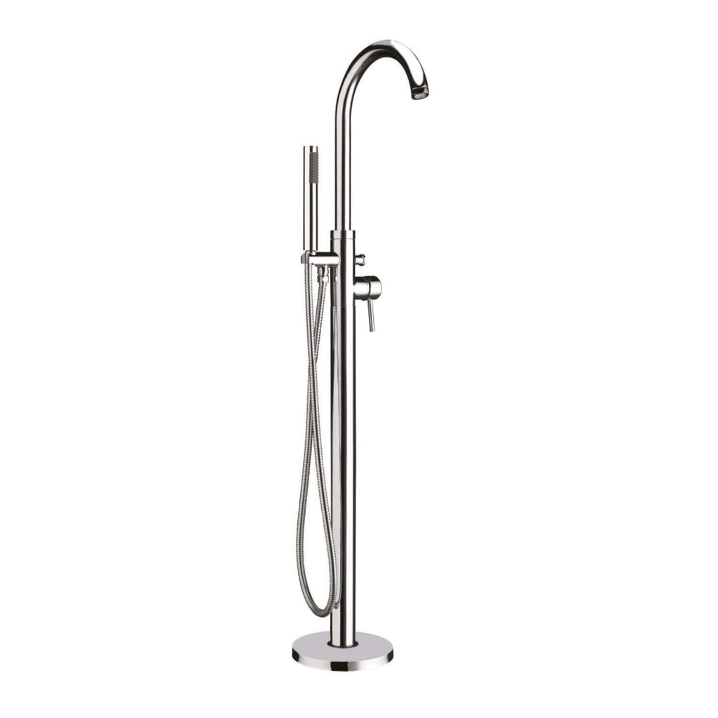 Chrome freestanding bathroom shower mixer and head with handheld shower, perfect for modern bubly bathrooms. Designed for easy installation and stylish functionality.