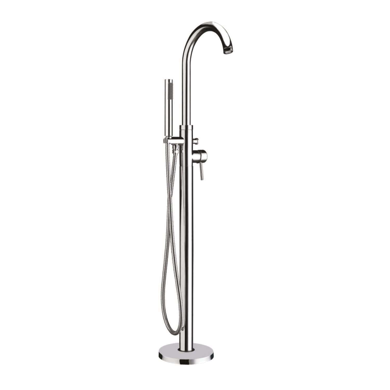 Chrome freestanding bathroom shower mixer and head with handheld shower, perfect for modern bubly bathrooms. Designed for easy installation and stylish functionality.