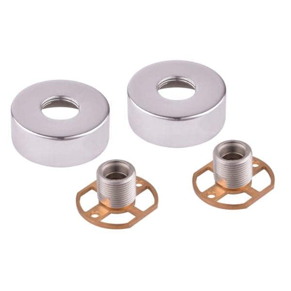 High-quality bathroom installation components including chrome escutcheons and threaded pipe fittings for elegant and reliable bathroom plumbing.