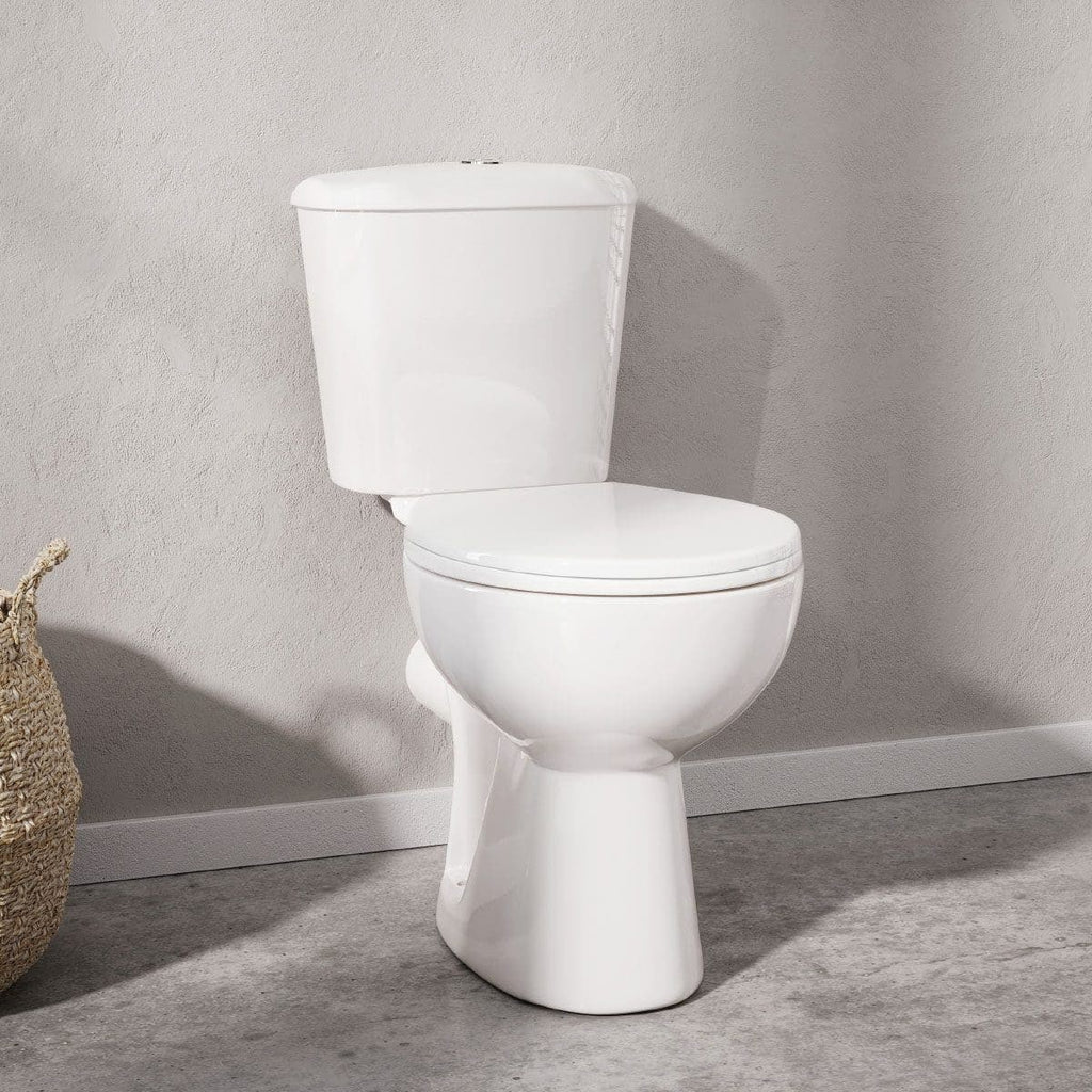 Sleek white ceramic toilet with modern design, perfect for contemporary bathrooms and bathroom renovation projects. The toilet offers comfort and performance with a dual-flush system.