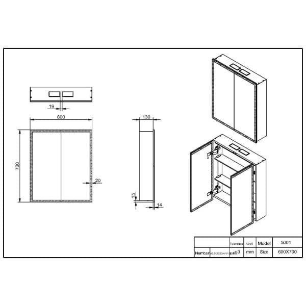 600x700mm bathroom cabinet drawing with detailed dimensions and assembly illustrations for Bubly Bathrooms in the UK.