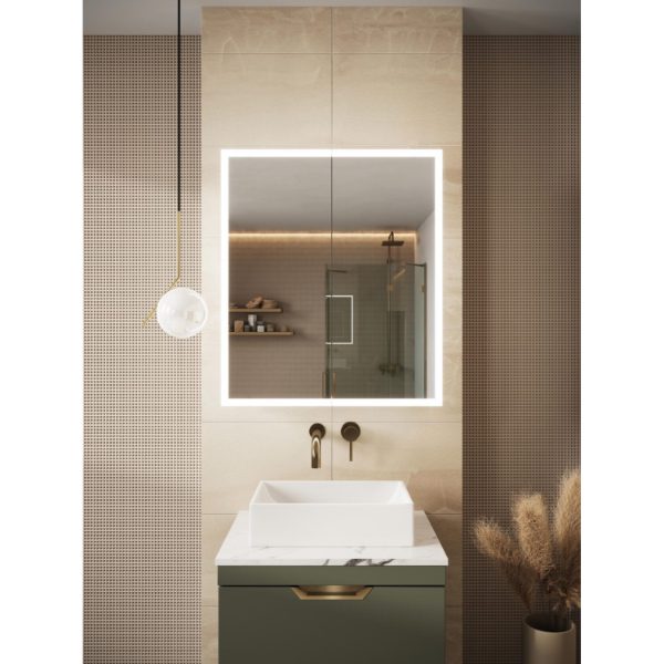Modern bathroom with beige tiles, illuminated mirror, white ceramic sink, and minimalist fixtures from Bubly Bathrooms, showcasing contemporary bathroom design and high-quality fixtures.