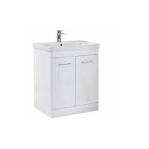 Modern white bathroom vanity unit with sink and storage cabinets, ideal for bathroom decor and renovation projects.