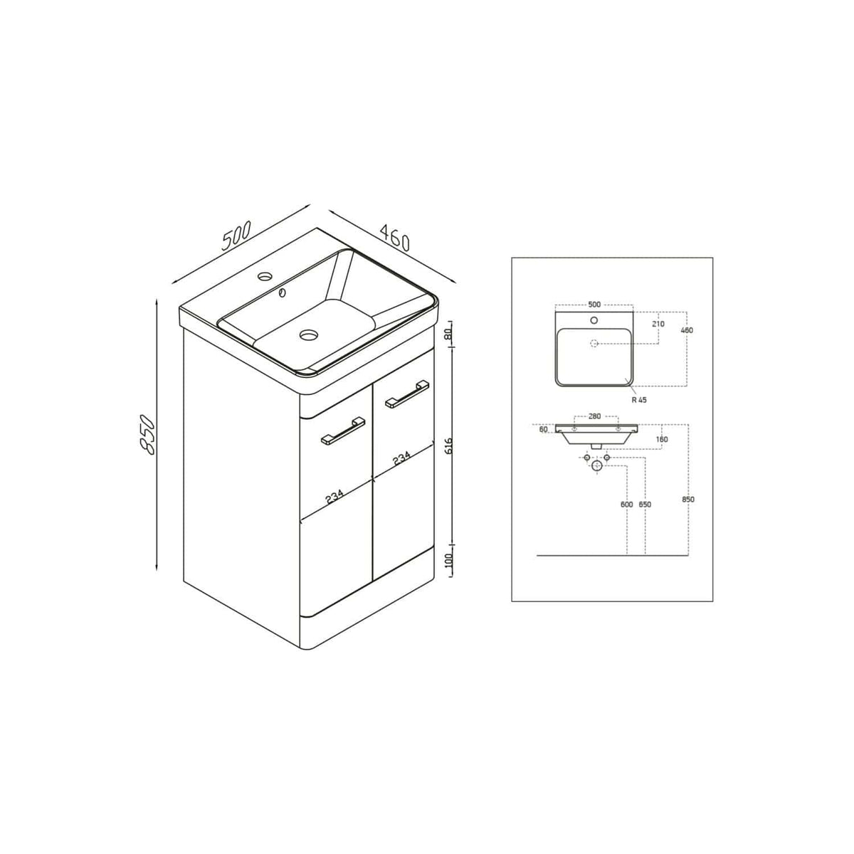 Elegant bathroom vanity unit with integrated sink, modern design, and ample storage space, ideal for contemporary bathrooms. Designed for durability and style with precise measurements for custom fitting.
