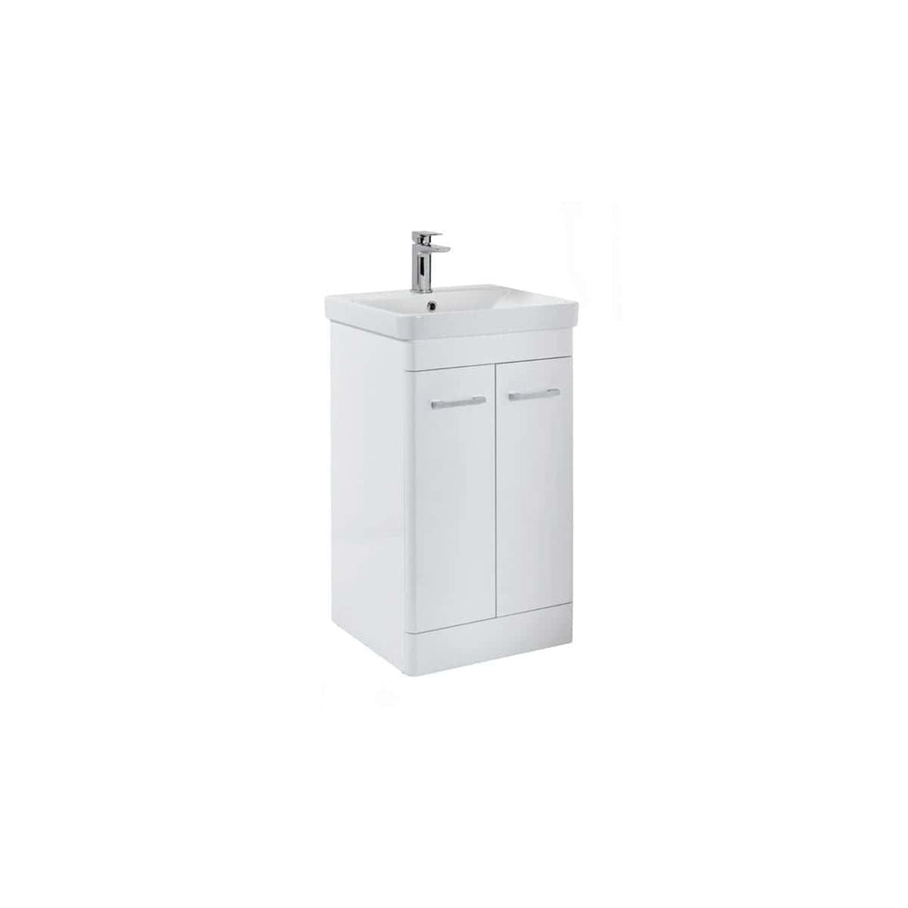 Modern white bathroom vanity unit with integrated sink and chrome handles for contemporary bathroom design. Perfect for compact spaces and stylish storage solutions.
