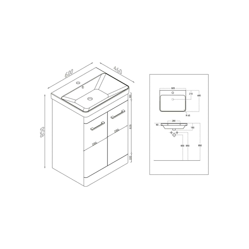 Contemporary bathroom vanity with integrated sink, designed by Bubly Bathrooms, featuring ample storage, modern handles, and precise dimensions for seamless fitting in modern homes.