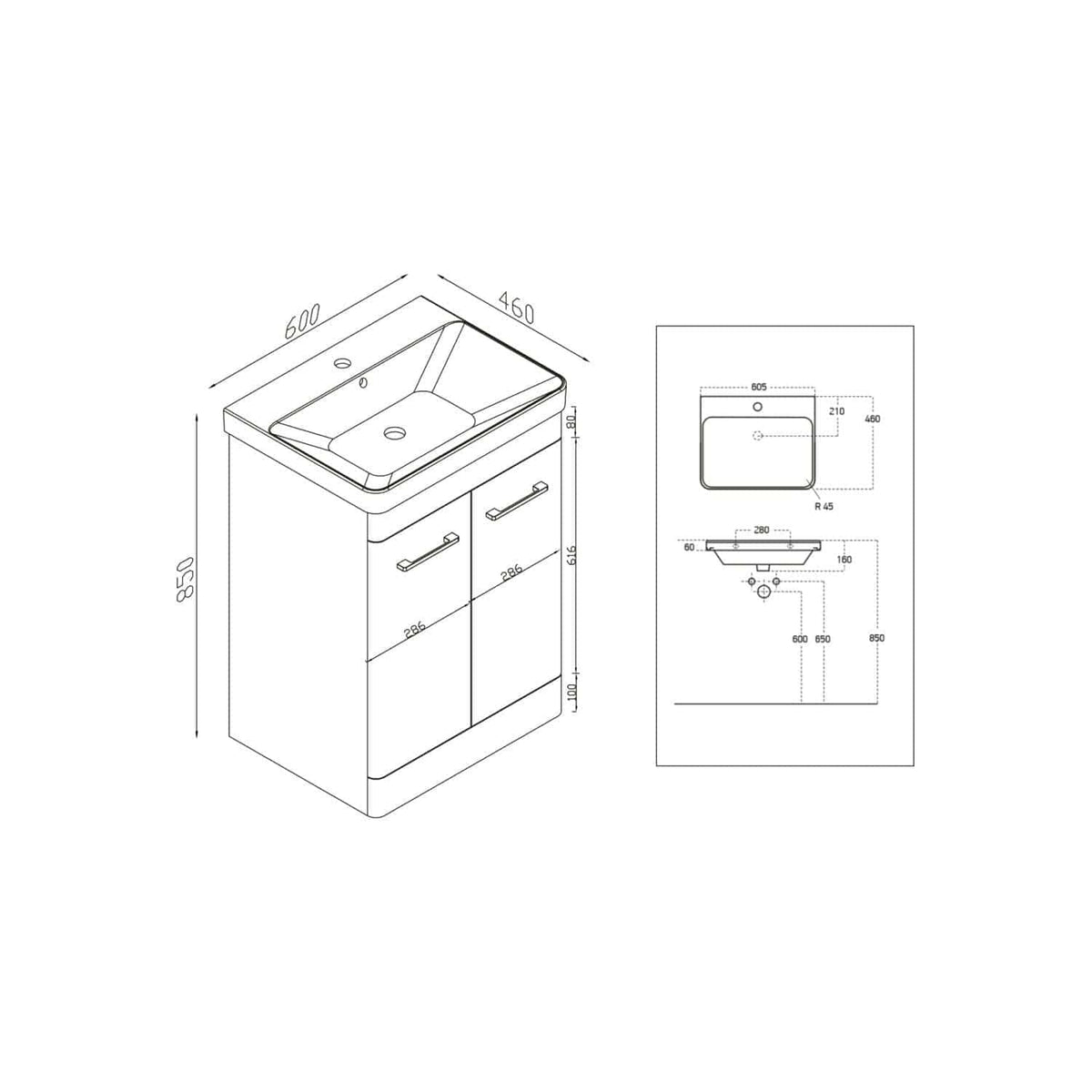 Contemporary bathroom vanity with integrated sink, designed by Bubly Bathrooms, featuring ample storage, modern handles, and precise dimensions for seamless fitting in modern homes.