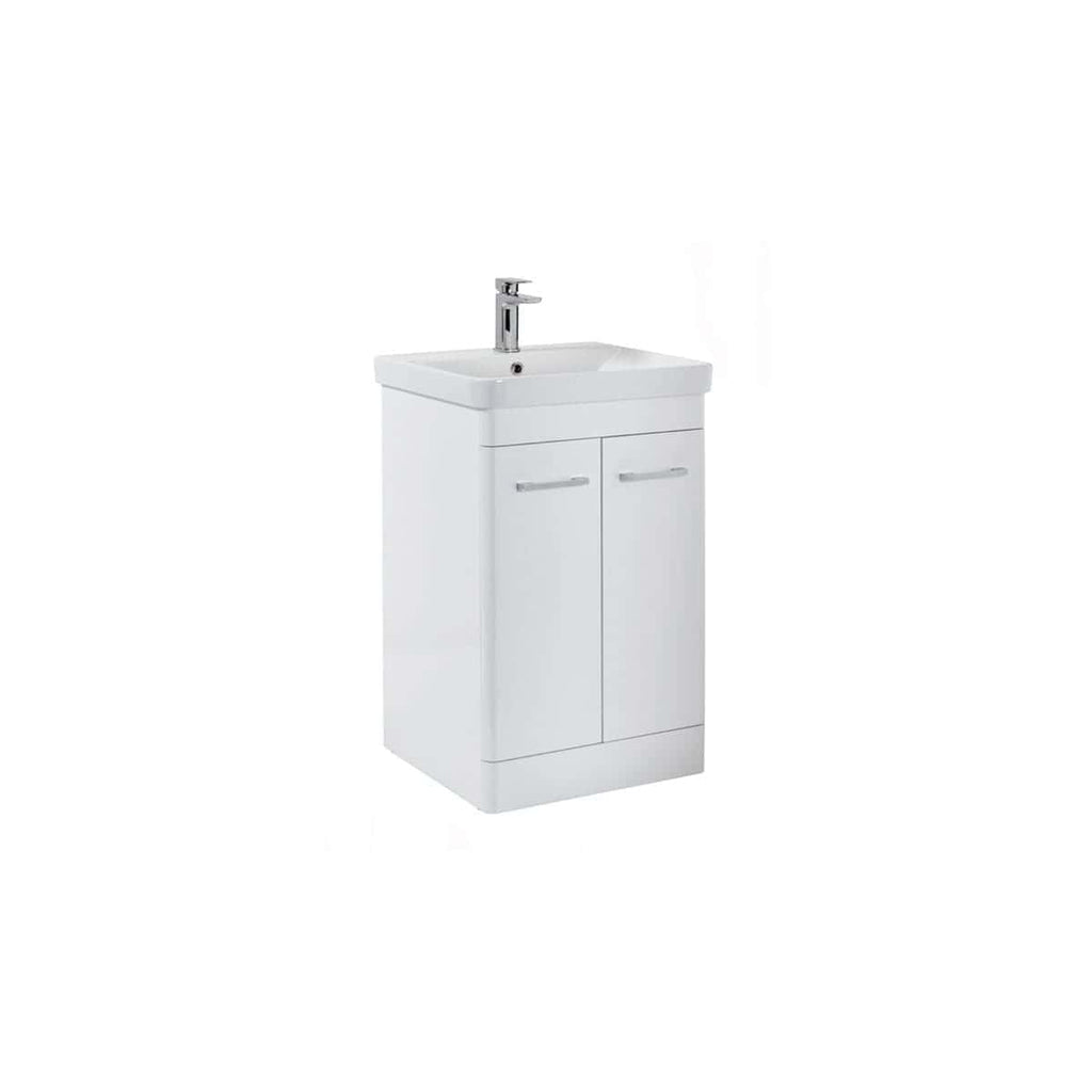 Bright white bathroom sink cabinet with a built-in ceramic basin and modern chrome tap, ideal for contemporary bathroom updates and storage.