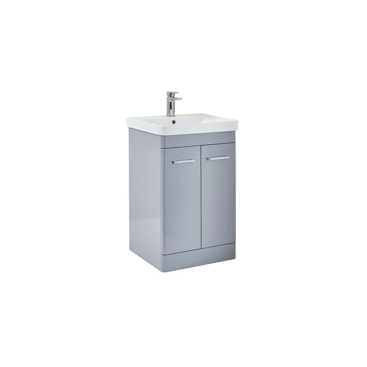 Compact bathroom sink cabinet with integrated ceramic wash basin, modern design, and brushed aluminium handles for stylish bathroom storage solutions.
