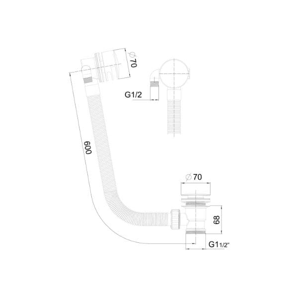 Flexible bathroom drain pipe with dimensions for installation, featuring G1/2" connectors and a 600mm length, ideal for modern bathroom plumbing setups.