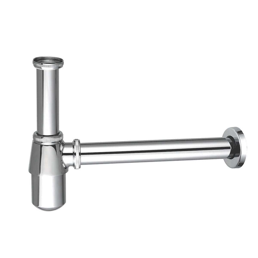 Polished chrome bathroom waste pipe with bottle trap, suitable for modern bathroom sinks and fixtures. Durable, corrosion-resistant plumbing component for effective wastewater drainage.