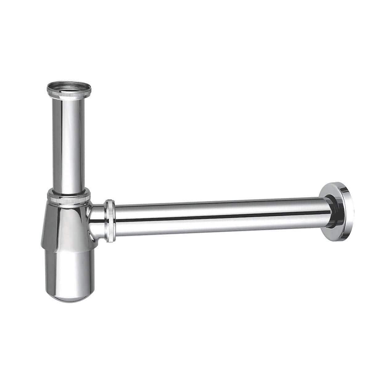 Polished chrome bathroom waste pipe with bottle trap, suitable for modern bathroom sinks and fixtures. Durable, corrosion-resistant plumbing component for effective wastewater drainage.