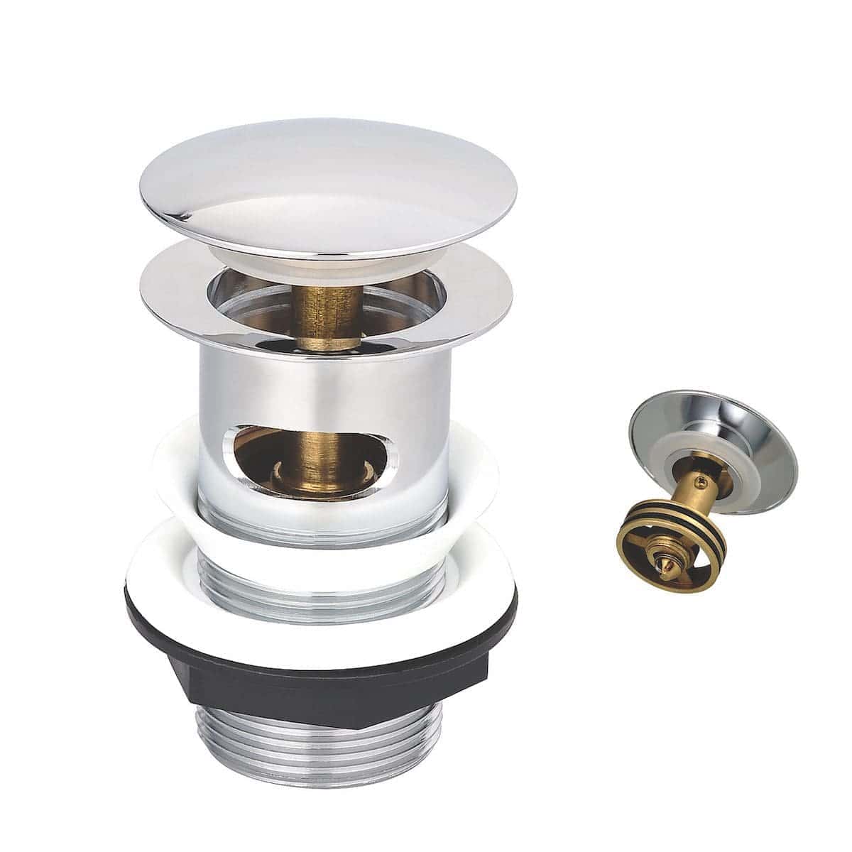 High-quality bathroom sink drain assembly with chrome finish and brass components, designed for reliable water drainage in modern bathrooms. Suitable for installation with various basin styles.
