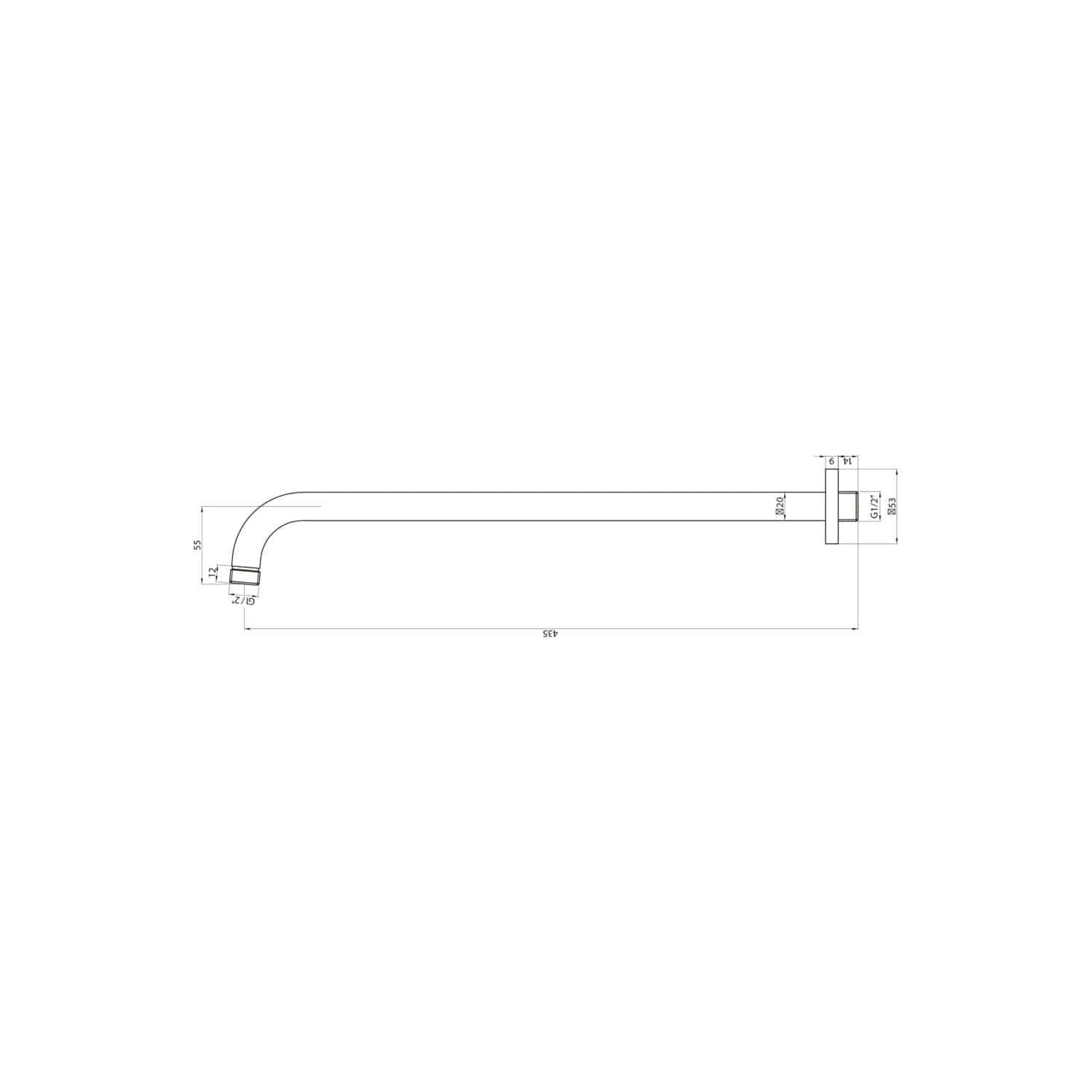High-quality technical drawing of Bubly Bathrooms shower arm with precise dimensions, suitable for bathroom installation and plumbing enhancements. Designed for durability and ease of fitment.