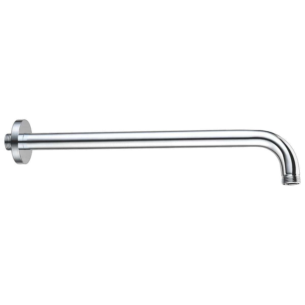 Polished chrome bathroom shower arm suitable for modern bathroom fixtures and accessories. Durable metal construction with threaded ends for easy installation. Ideal for showerheads and bathroom updates.