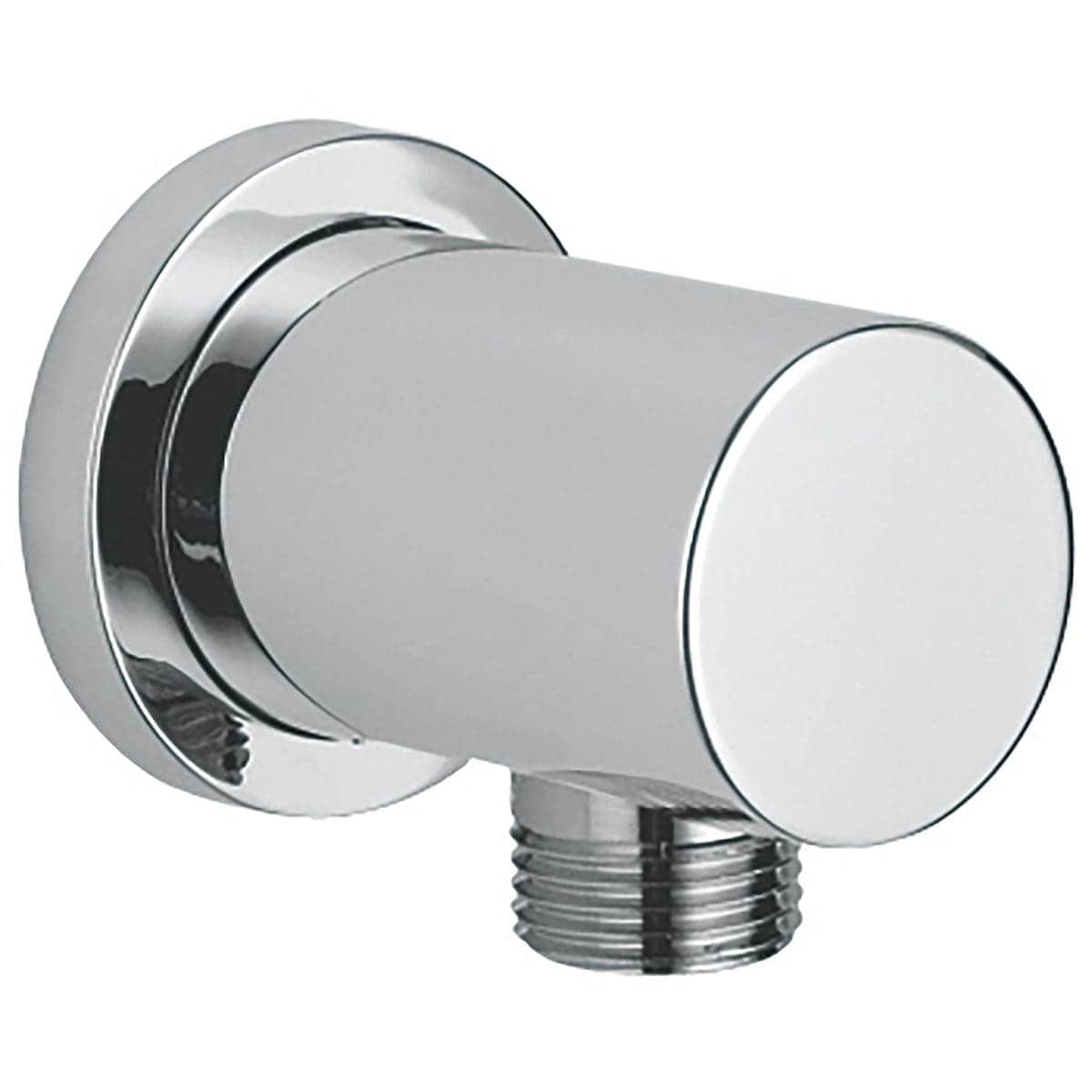 Shower arm wall mount fitting for modern bathroom design, chrome finish, durable construction, designed for secure attachment to showerheads and fittings.