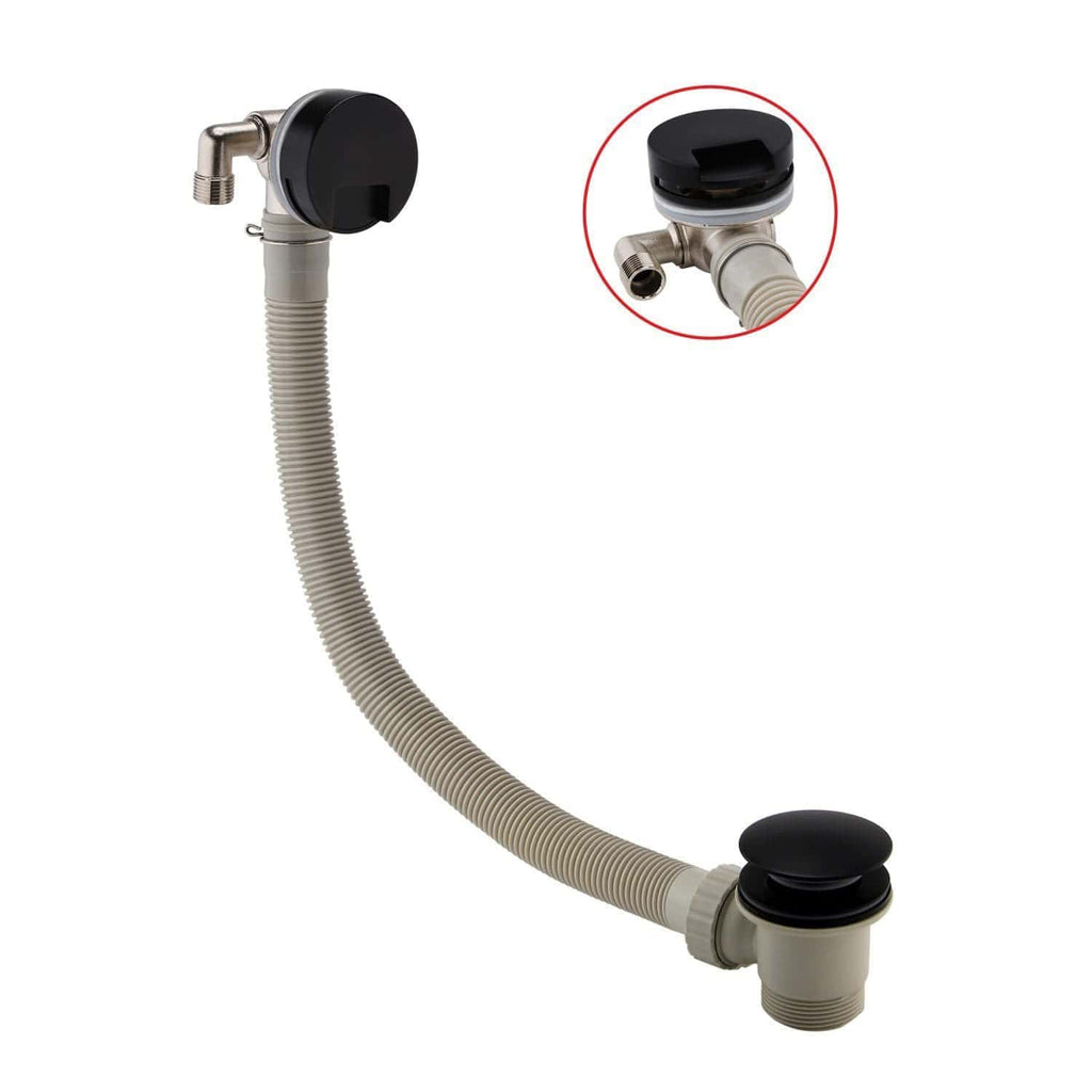 Flexible sink waste pipe with black pop-up click clack waste and connecting fittings for bathroom plumbing. Suitable for modern bathroom basin drainage systems.