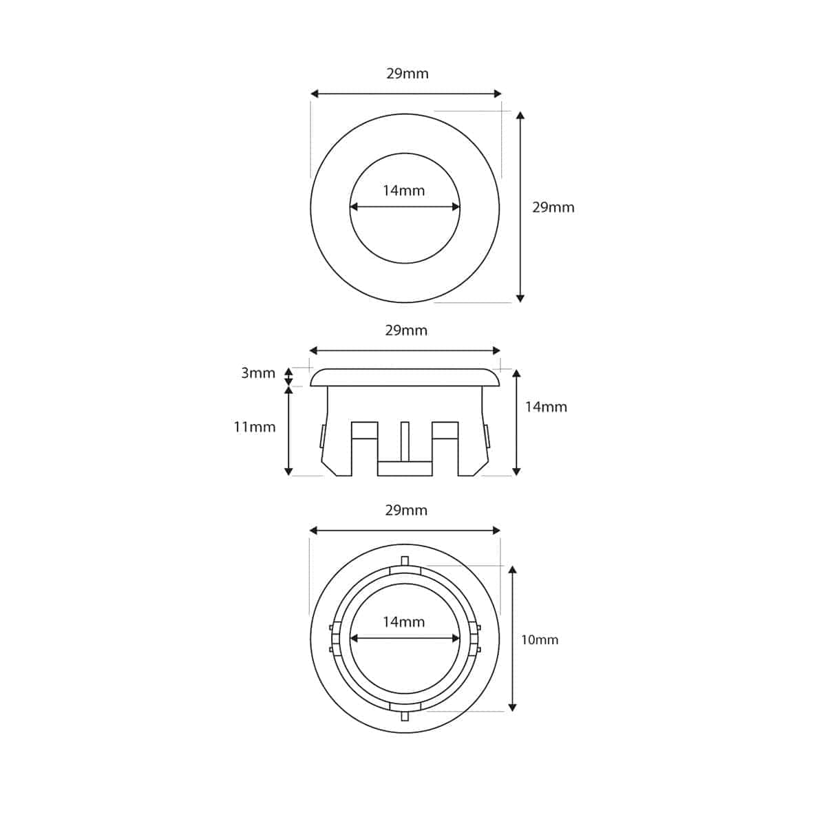 '- Small circular plastic component with detailed technical dimensions, likely used for bathroom fixtures or fittings in a Bubly bathroom setting.