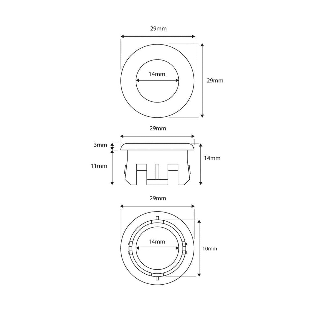 '- Small circular plastic component with detailed technical dimensions, likely used for bathroom fixtures or fittings in a Bubly bathroom setting.