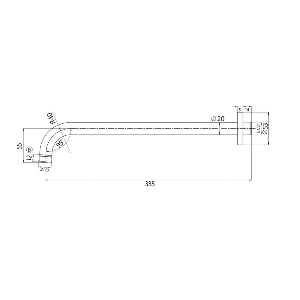 High-quality bathroom shower arm with precise technical specifications from Bubly Bathrooms for modern bathroom installations. Suitable for customised shower fittings and durable use.