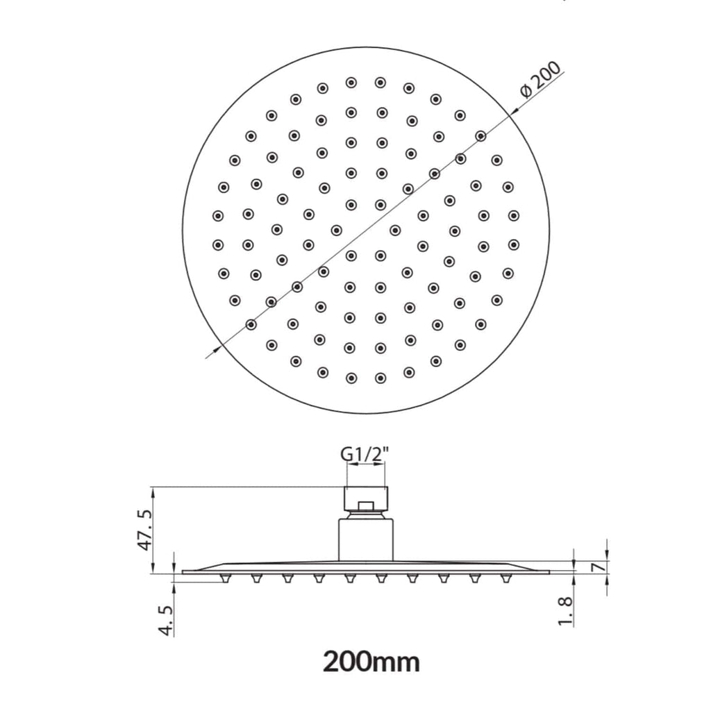 High-resolution showerhead technical drawing detail, featuring dimensions and connector size G1/2", ideal for bathroom upgrade projects.