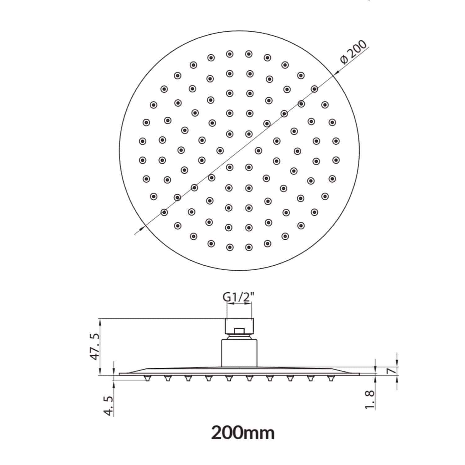 High-resolution showerhead technical drawing detail, featuring dimensions and connector size G1/2", ideal for bathroom upgrade projects.