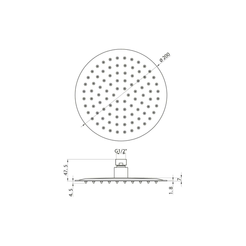 Round shower head technical drawing with 200mm diameter and G1/2" connection for Bubly Bathrooms. Detailed design layout for premium shower fittings.