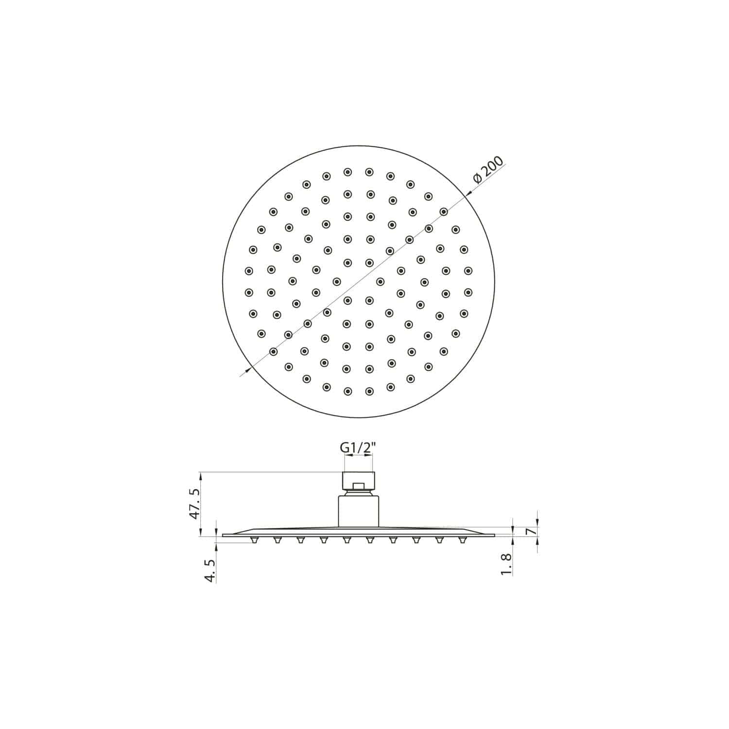 Round shower head technical drawing with 200mm diameter and G1/2" connection for Bubly Bathrooms. Detailed design layout for premium shower fittings.