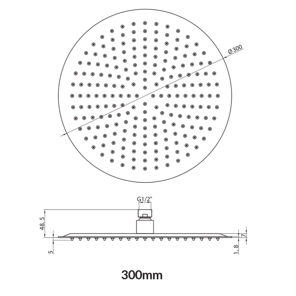 A large circular showerhead with adjustable spray nozzles, 300mm diameter, designed for luxury bathroom showers. Features detailed technical specifications for installation.