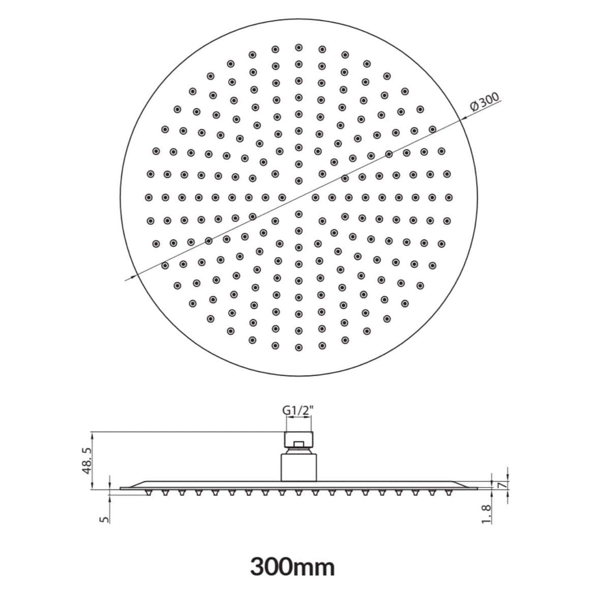 A large circular showerhead with adjustable spray nozzles, 300mm diameter, designed for luxury bathroom showers. Features detailed technical specifications for installation.