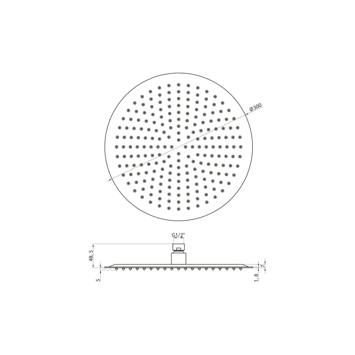 High-resolution technical drawing of a round shower head with detailed measurements, suitable for modern bathroom installations and bathroom upgrade projects.