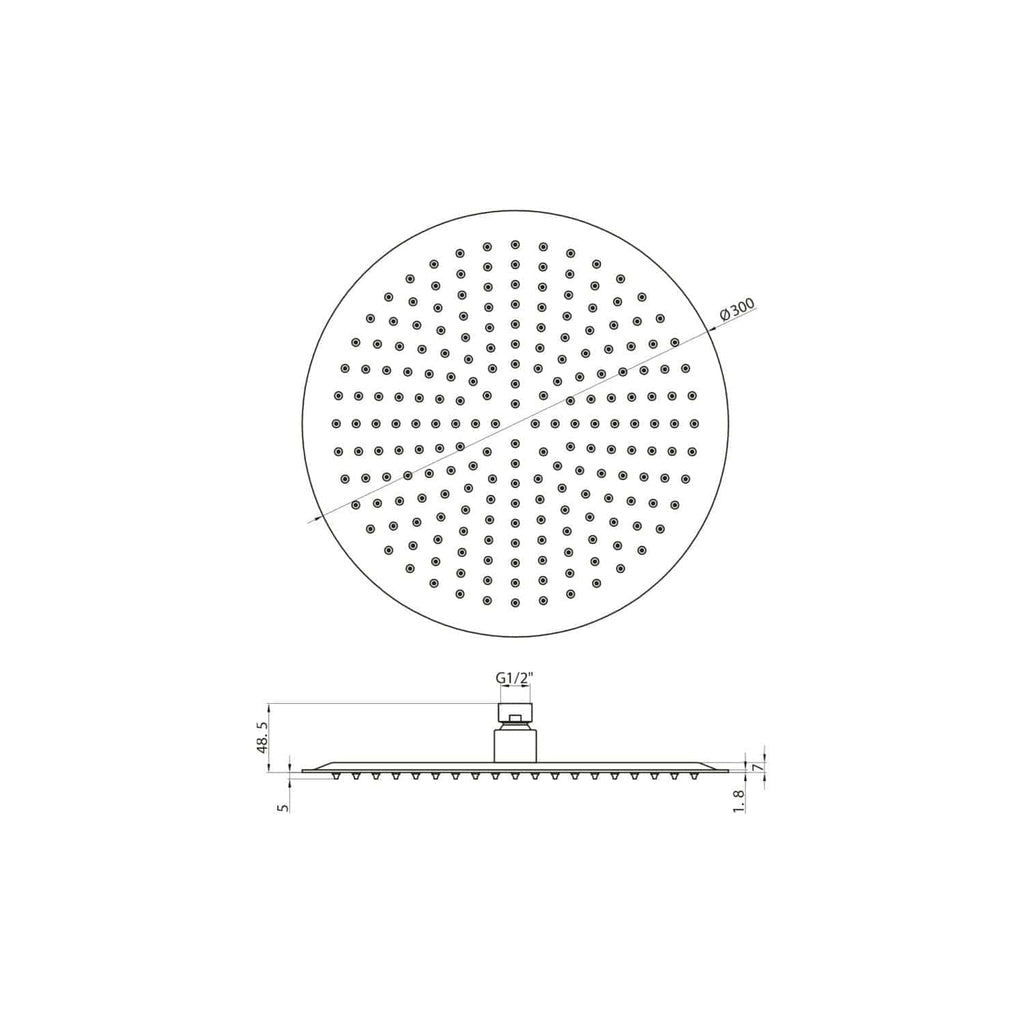 High-resolution technical drawing of a round shower head with detailed measurements, suitable for modern bathroom installations and bathroom upgrade projects.