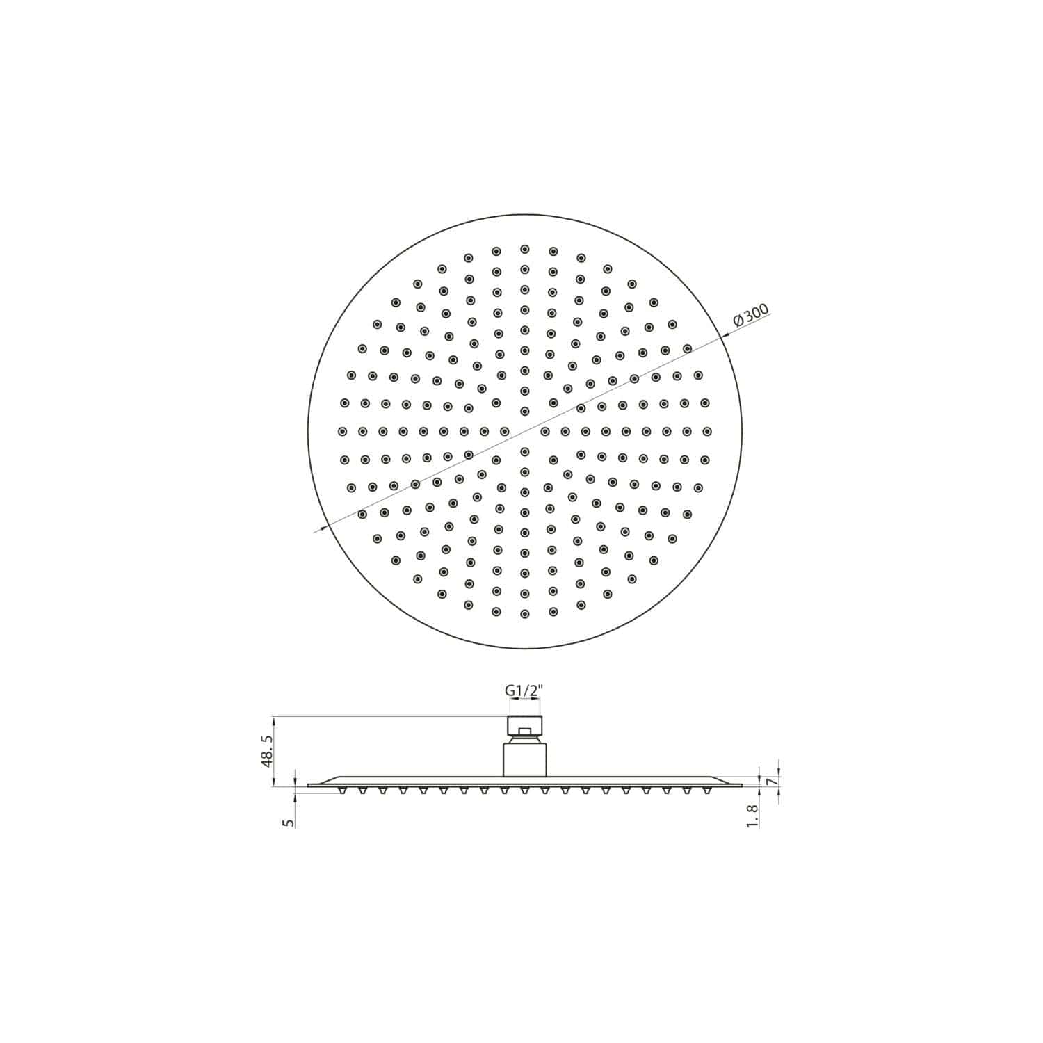High-resolution technical drawing of a round shower head with detailed measurements, suitable for modern bathroom installations and bathroom upgrade projects.