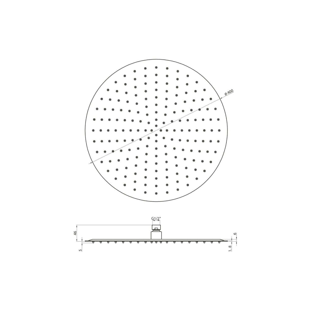 Round shower head technical drawing with 400mm diameter, detailed specifications for bathroom shower fixtures, ideal for modern bathroom renovations and high-quality water flow.