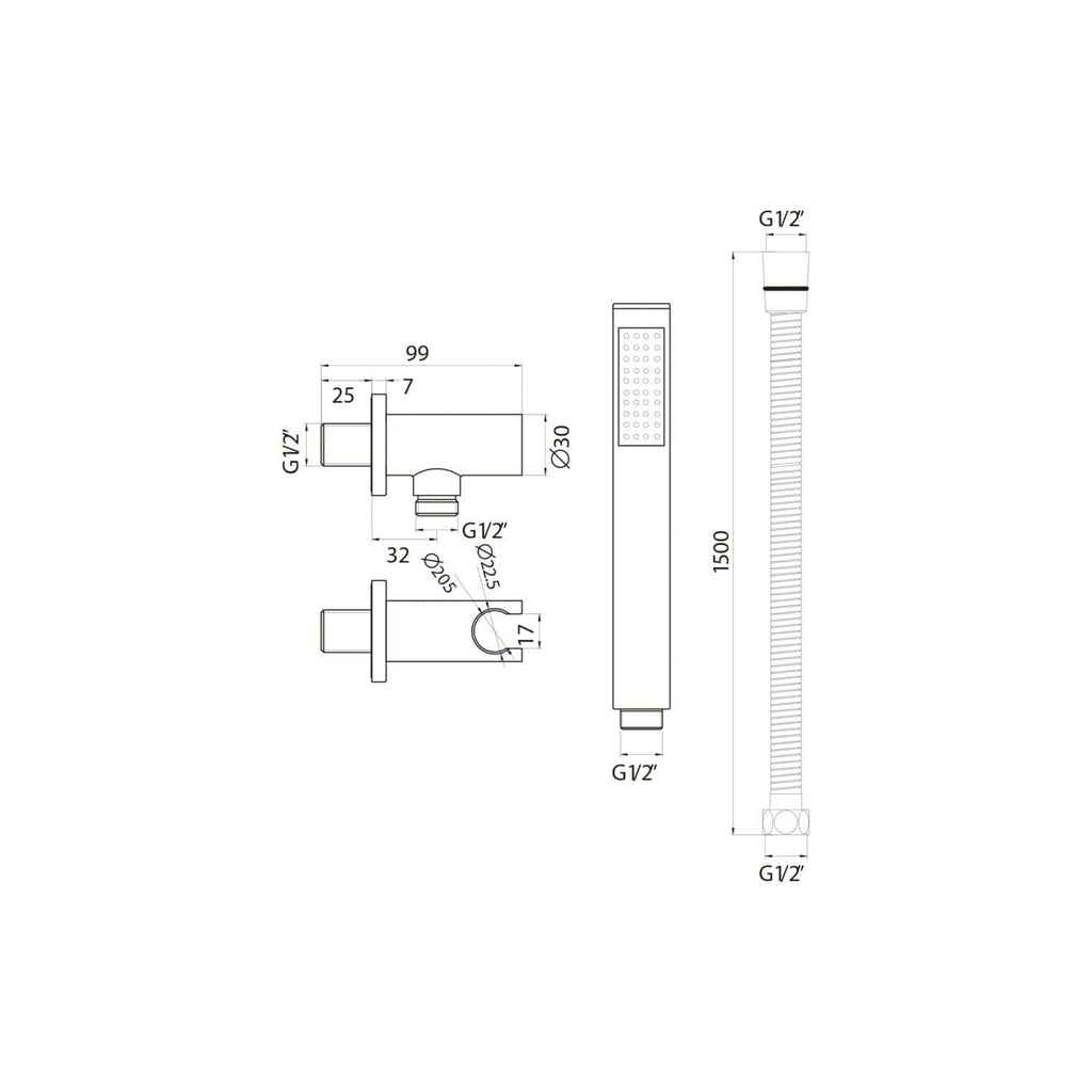 High-quality technical drawing of Bubly Bathrooms shower components, including detailed measurements and specifications for accurate bathroom installation.