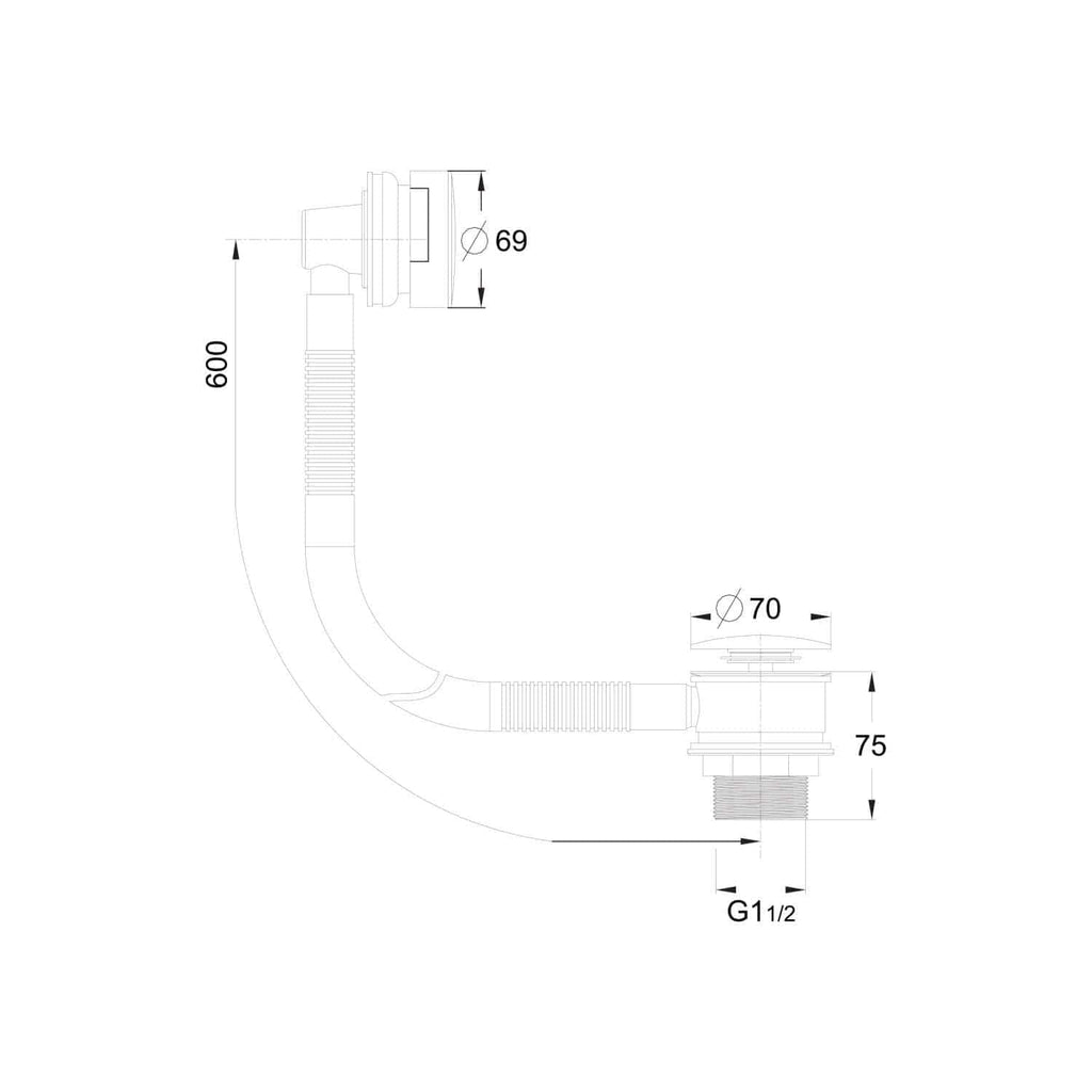 Flexible bathroom sink drain pipe with measurements for installation, including diameter and length specifications, suitable for plumbing and bathroom renovation projects.